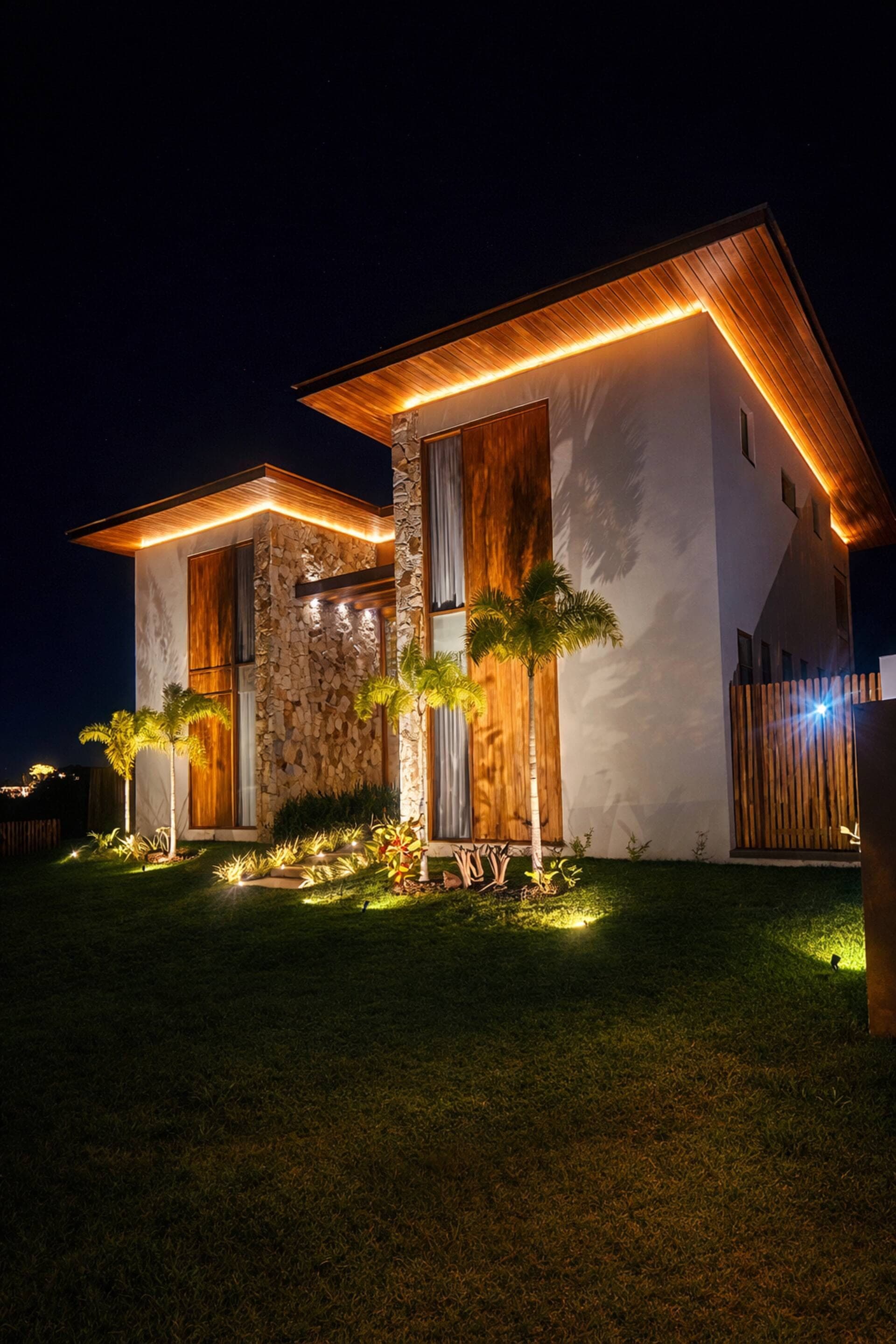 Lateral da casa à noite, com o beiral iluminado, a fachada em pedra e o gramado
