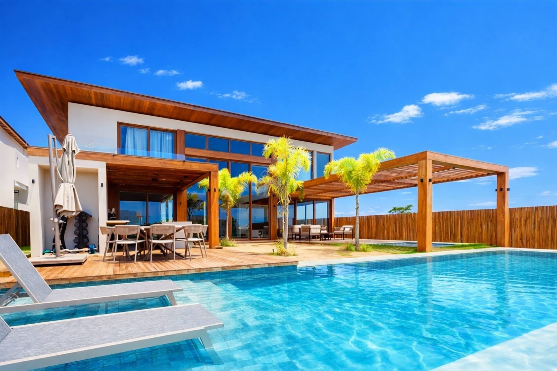 Casa Torres vista da piscina, em dia de céu azul, com deck e pergolado de madeira